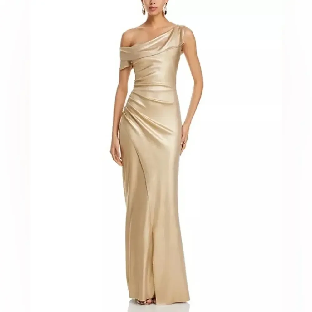 Chiara Boni Gold One-Shoulder Satin Evening Gown - Picture 10 of 12